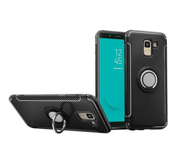 Műanyag telefonvédő (szilikon keret, asztali tartó funkció, telefontartó
gyűrű, beépített fémlemez, karbon minta) FEKETE Samsung Galaxy J6 (2018)
SM-J600F