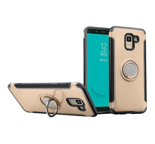 Műanyag telefonvédő (szilikon keret, asztali tartó funkció, telefontartó
gyűrű, beépített fémlemez, karbon minta) ARANY Samsung Galaxy J6 (2018)
SM-J600F