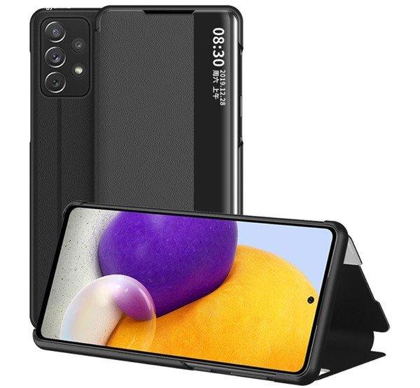 Tok álló, bőr hatású (FLIP, oldalra nyíló, asztali tartó funkció,
hívószámkijelzés, View Window) FEKETE Samsung Galaxy A72 5G (SM-A726F),
Samsung Galaxy A72 4G (SM-A725F)