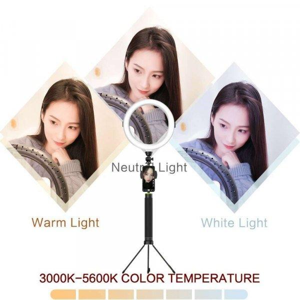Professzionális Selfie Ring LED/Körfény, Ø20cm LED, Meleg/Semleges/Hideg
fényű körgyűrű, telefontartóval, fekete állvány