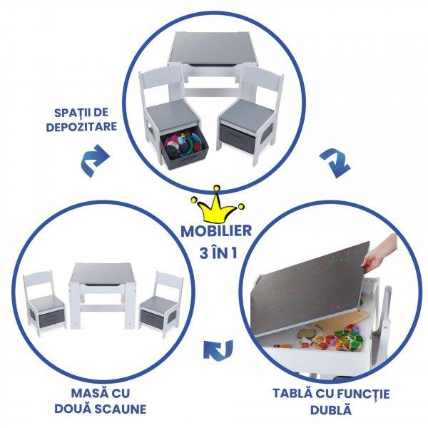 Suporto gyerek asztal székkel, egyszerű használathoz, 3 funkció az 1-ben,
étkezőasztal székekkel gyerek, rajztábla, íráshoz, színezéshez,
játéktároló dobozok, MDF bútorok, 3-6 éves korúaknak,