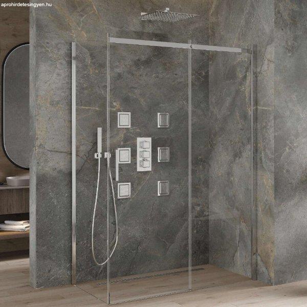 Mexen Omega 130x80 aszimmetrikus szögletes tolóajtós zuhanykabin 8 mm vastag
vízlepergető biztonsági üveggel, krómozott elemekkel, 190 cm magas