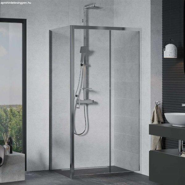 Mexen Apia 140x80 aszimmetrikus szögletes tolóajtós zuhanykabin 5 mm vastag
vízlepergető biztonsági üveggel, krómozott elemekkel, 190 cm magas