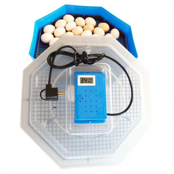 Elektromos keltetőgép, tojás inkubátor, Cleo 5TH, hőmérő és
hőhigrométer, sárga