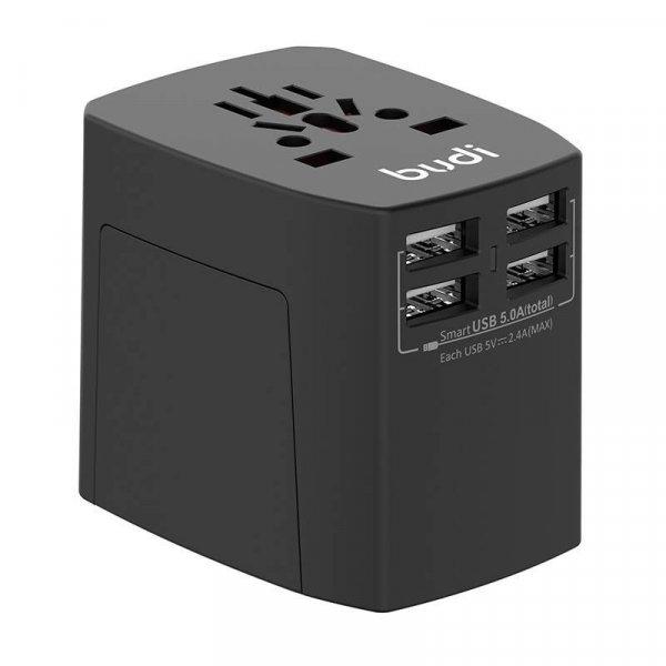 Budi univerzális táptöltő / AC adapter 4x USB, 5A, EU/UK/AUS/US/JP (fekete)