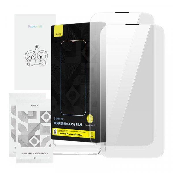 Baseus Corning edzett üveg iPhone 13 Pro Max/14 Plus készülékhez
porszűrővel