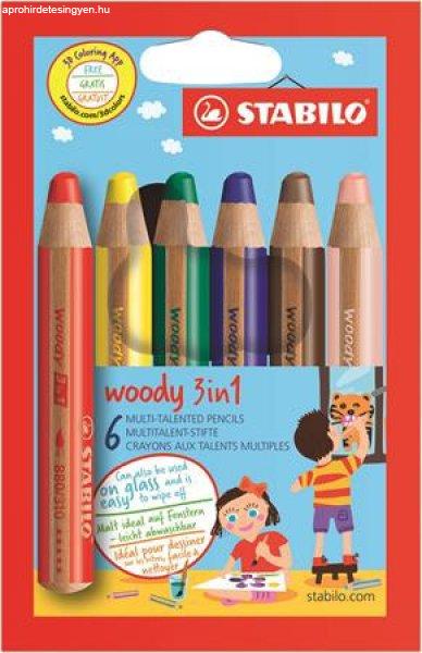 Színes ceruza készlet, kerek, vastag, STABILO "Woody 3 in 1", 6
különböző szín
