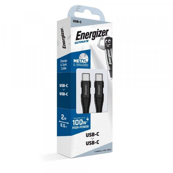 Energizer USB-C - USB-C Metal / Braided Nylon Kábel - 2m 100W - Fekete