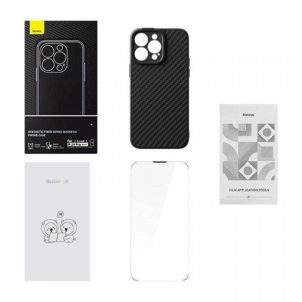 Baseus Synthetic Fiber Series mágneses tok iPhone 14 Pro-hoz (fekete) + edzett
üveg + tisztítókészlet