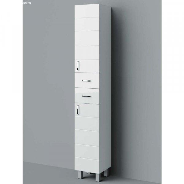 HD MART 30 cm széles polcos álló fürdőszobai magas szekrény, fényes
fehér, króm kiegészítőkkel, 2 soft close ajtóval és 2 fiókkal