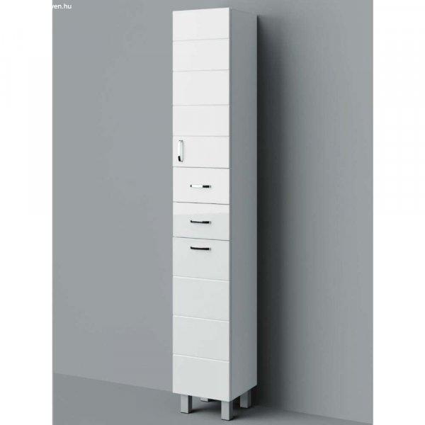 HD MART 30 cm széles szennyestartós álló fürdőszobai magas szekrény,
fényes fehér, króm kiegészítőkkel, 1 soft close ajtóval, 2 fiókkal és
szennyestartóval