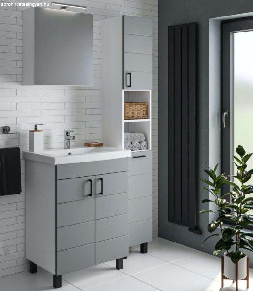 MART 30 cm széles szennyestartós álló fürdőszobai magas szekrény,
világos szürke, fekete kiegészítőkkel, 1 soft close ajtóval, 2 fiókkal
és szennyestartóval