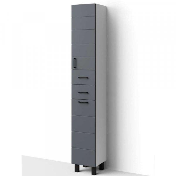 HD MART 30 cm széles szennyestartós álló fürdőszobai magas szekrény,
sötét szürke, fekete kiegészítőkkel, 1 soft close ajtóval, 2 fiókkal és
szennyestartóval