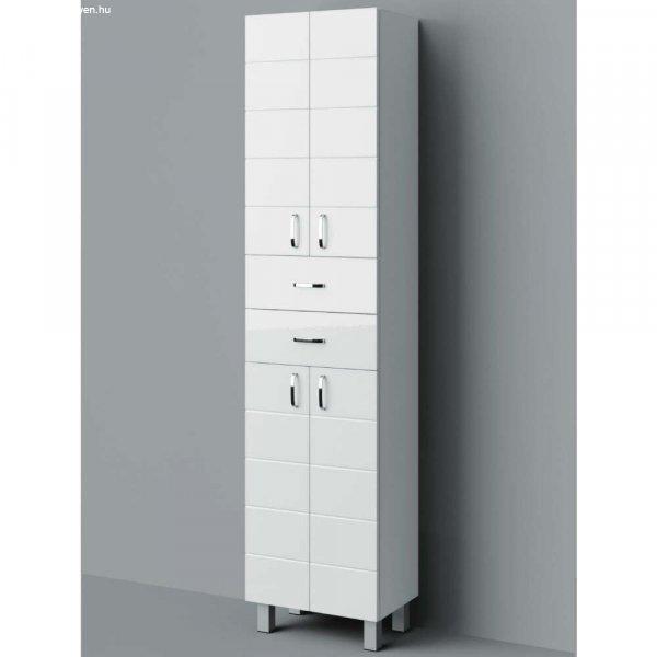 MART 45 cm széles polcos álló fürdőszobai magas szekrény, fényes fehér,
króm kiegészítőkkel, 4 soft close ajtóval és 2 fiókkal