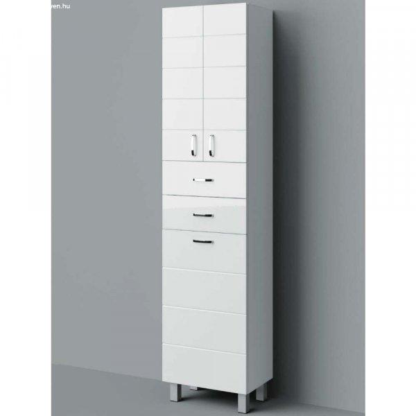 MART 45 cm széles szennyestartós álló fürdőszobai magas szekrény, fényes
fehér, króm kiegészítőkkel, 2 soft close ajtóval, 2 fiókkal és
szenyestartóval