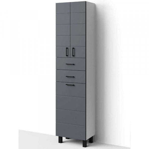 HD MART 45 cm széles szennyestartós álló fürdőszobai magas szekrény,
sötét szürke, fekete kiegészítőkkel, 2 soft close ajtóval, 2 fiókkal és
szenyestartóval