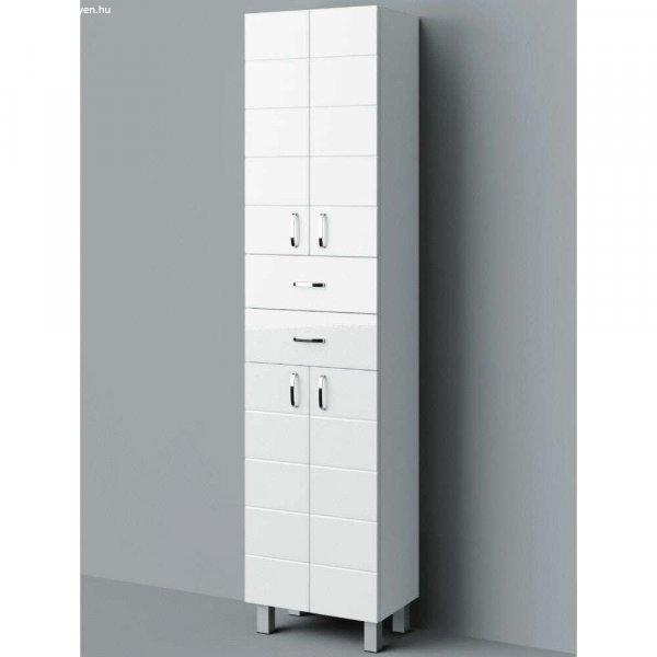 HD MART 60 cm széles polcos álló fürdőszobai magas szekrény, fényes
fehér, króm kiegészítőkkel, 4 soft close ajtóval és 2 fiókkal