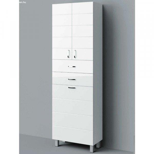 HD MART 60 cm széles szennyestartós álló fürdőszobai magas szekrény,
fényes fehér, króm kiegészítőkkel, 2 soft close ajtóval, 2 fiókkal és
szennyestartóval