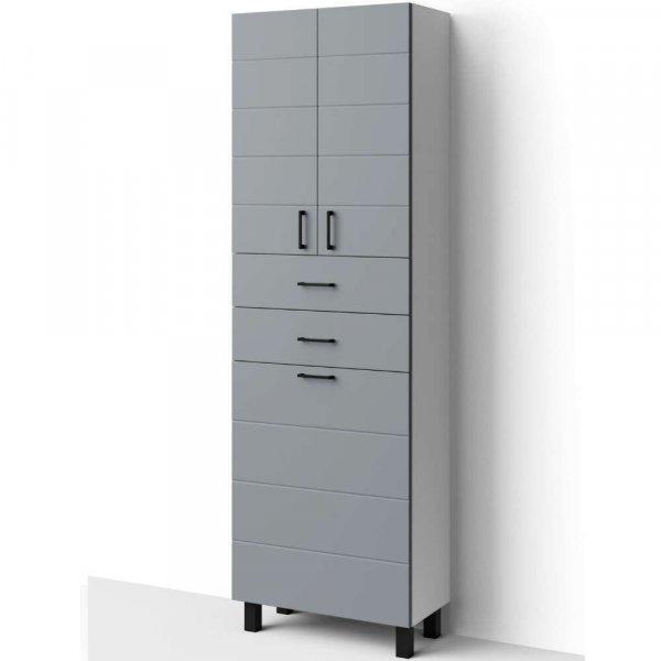 HD MART 60 cm széles szennyestartós álló fürdőszobai magas szekrény,
világos szürke, fekete kiegészítőkkel, 2 soft close ajtóval, 2 fiókkal
és szennyestartóval