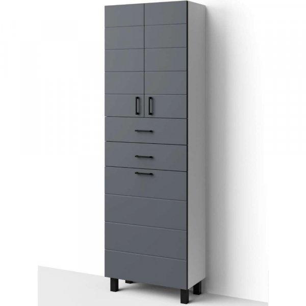 HD MART 60 cm széles szennyestartós álló fürdőszobai magas szekrény,
sötét szürke, fekete kiegészítőkkel, 2 soft close ajtóval, 2 fiókkal és
szennyestartóval