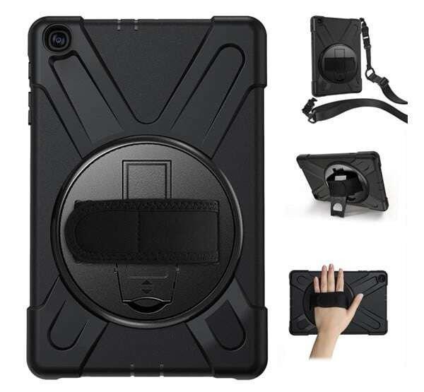 Defender műanyag telefonvédő (közepesen ütésálló, kitámasztó,
360°-ban forgatható + kézpánt, vállpánt) FEKETE [Samsung Galaxy Tab A ...