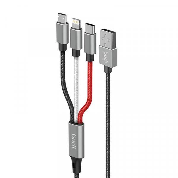 Budi 3 az 1-ben USB-Lightning / USB-C / Micro USB kábel 2,4A, 1 m, fonott
(fekete)
