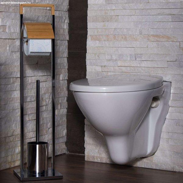WC-papírtartó WC-kefével, fém és bambusz, króm, 75.5 cm, Springos