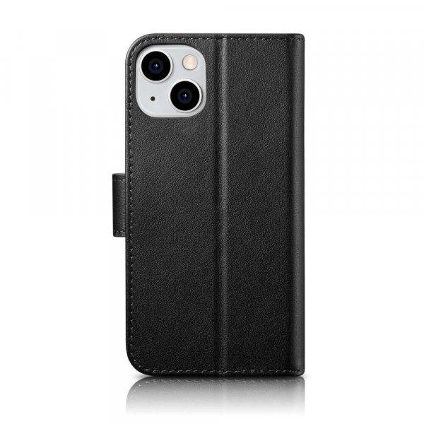 Apple iPhone 14 iCarer Wallet Case 2in1 valódi bőr RFID tok, Fekete