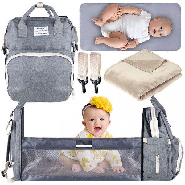 Hátizsák táska babáknak és anyukáknak, Utazásszervező készlet
pelenkázóbetéttel, 5 az 1-ben, 41x30x19cm, szürke