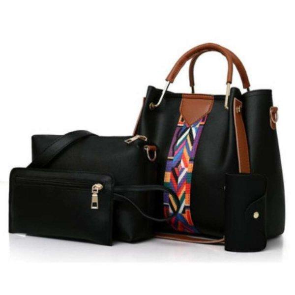 Női táska szett kézi táska színes sávdísszel, neszeszer, kulcstartó,
fekete aa-001254
