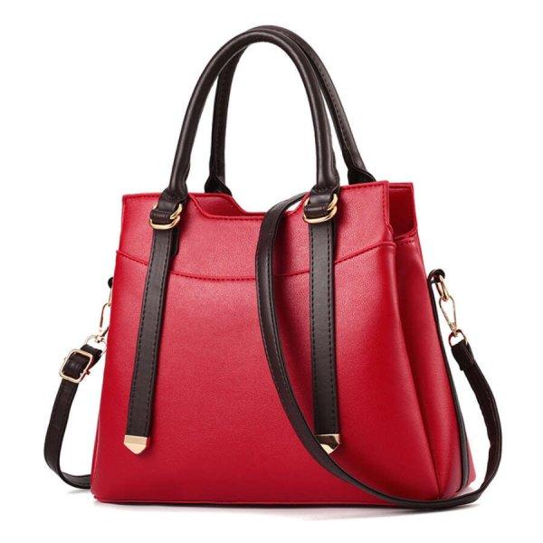 Közepes méretű női kézi táska, barna dupla pánt díszítéssel, piros
aa-001257