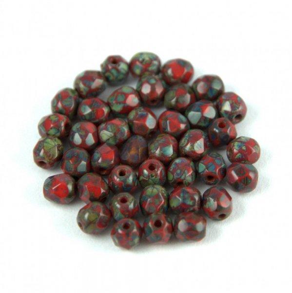 Cseh csiszolt golyó gyöngy - Dark Red Picasso - 4mm