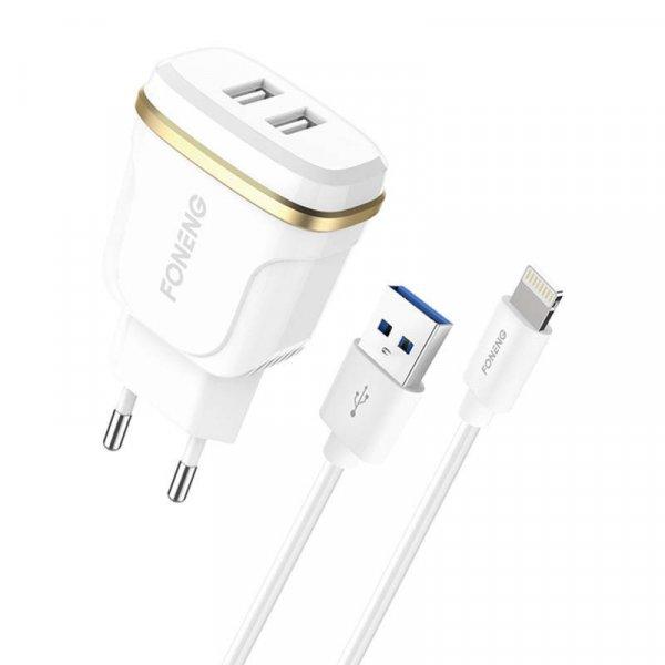 Foneng T240 2x USB fali töltő, 2.4A + USB-Lightning kábel (fehér)