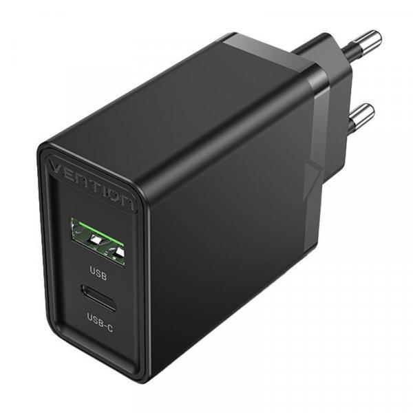 EU USB-A (18W) USB-C (20W) hálózati töltő Vention FBBB0-EU, 2.4A, PD3.0
(fekete)
