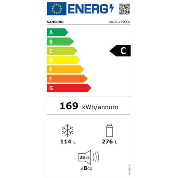 Samsung RB38T775CSR/EF kombinált hűtőszekrény, C energiaosztály, 385L, M:
203cm, Optimal Fresh +, NoFrost, Inox
