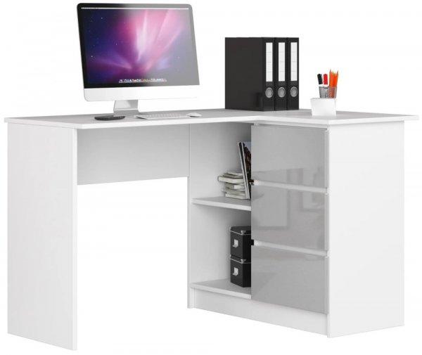 Sarok íróasztal - Akord Furniture - 124 cm - fehér / magasfényű szürke