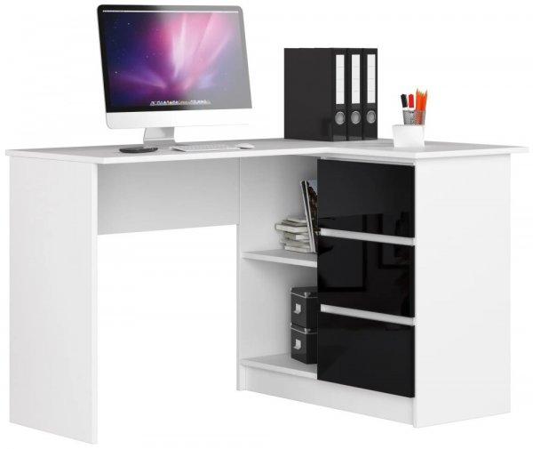 Sarok íróasztal - Akord Furniture - 124 cm - fehér / magasfényű fekete