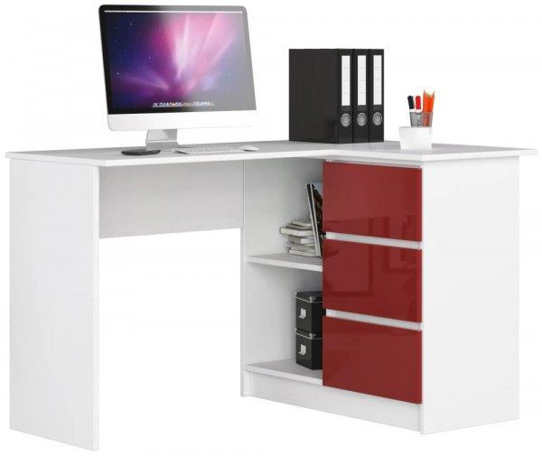 Sarok íróasztal - Akord Furniture - 124 cm - fehér / magasfényű bordó