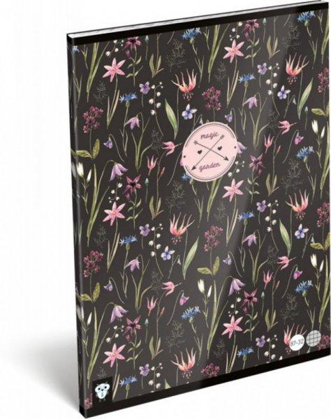 Lizzy Card virágos tűzött füzet A/4, 32 lap kockás, Magic Garden, fekete