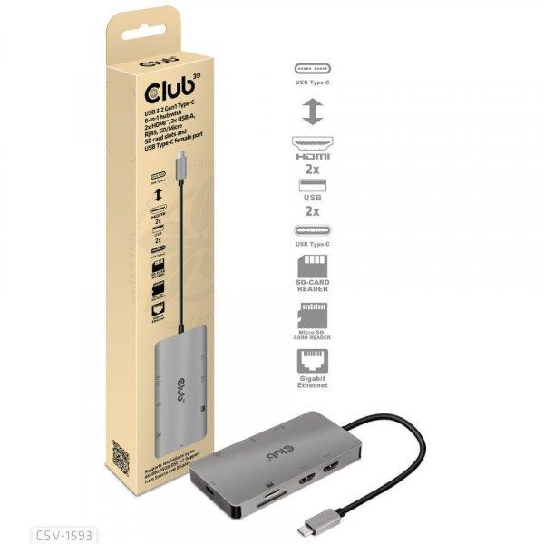 Club3D USB3.2 Gen1 Type-C 8-in-1 hub with 2xHDMI / 2xUSB-A / RJ45 / SD/Micro SD
card slots and USB Type-C female port