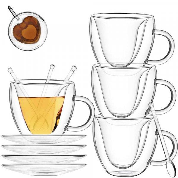 4 csésze készlet 4 csészealjjal és 4 teáskanállal, Quasar &; Co., 250
ml-es csésze dupla falakkal, szív alakú belső, csészealj 10,5 ® cm,
teáskanál 13 cm, hőálló, átlátszó