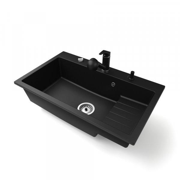 Gránit mosogatótálca NERO Boss + kihúzható Shower csaptelep + adagoló +
dugókiemelő (matt fekete)