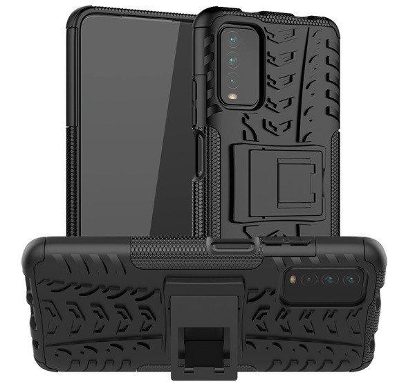 Defender műanyag telefonvédő (közepesen ütésálló, szilikon belső,
kitámasztó, autógumi minta) FEKETE Xiaomi Redmi 9T