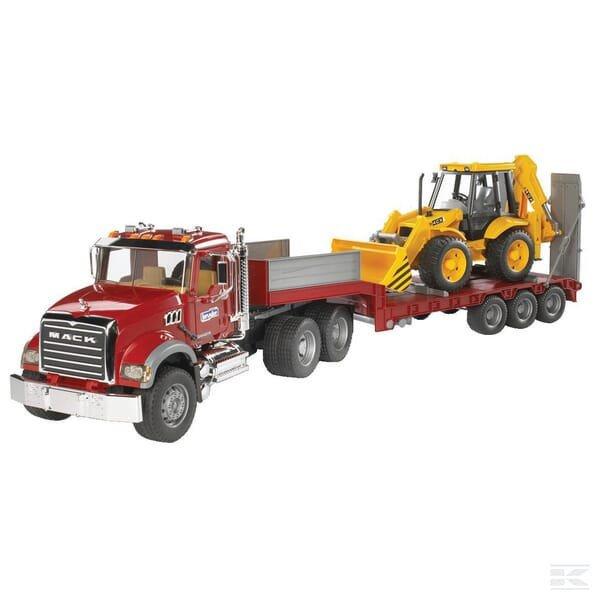 Bruder U02813 Mack Granite teherautó mélyrakterű kocsival és JCB kotró
rakodóval