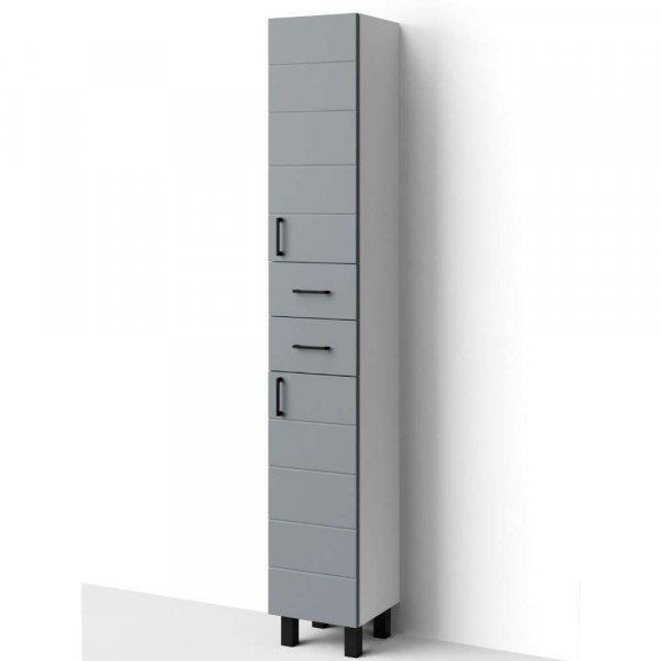 HD MART 30 cm széles polcos álló fürdőszobai magas szekrény, világos
szürke, fekete kiegészítőkkel, 2 soft close ajtóval és 2 fiókkal