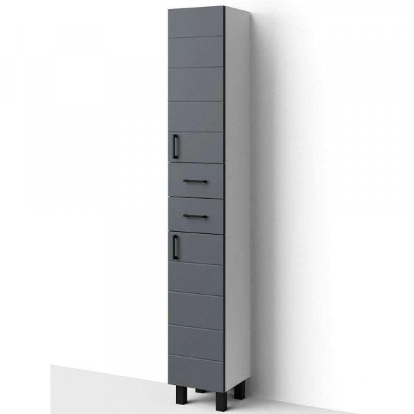 HD MART 30 cm széles polcos álló fürdőszobai magas szekrény, sötét
szürke, fekete kiegészítőkkel, 2 soft close ajtóval és 2 fiókkal