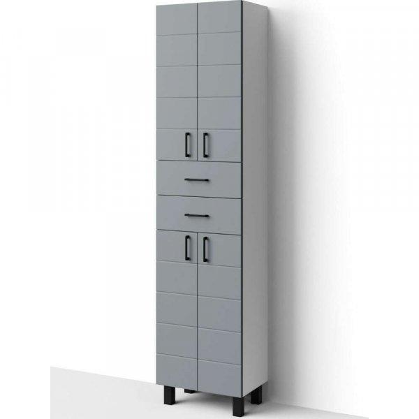 HD MART 45 cm széles polcos álló fürdőszobai magas szekrény, világos
szürke, fekete kiegészítőkkel, 4 soft close ajtóval és 2 fiókkal