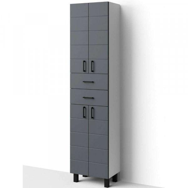HD MART 45 cm széles polcos álló fürdőszobai magas szekrény, sötét
szürke, fekete kiegészítőkkel, 4 soft close ajtóval és 2 fiókkal