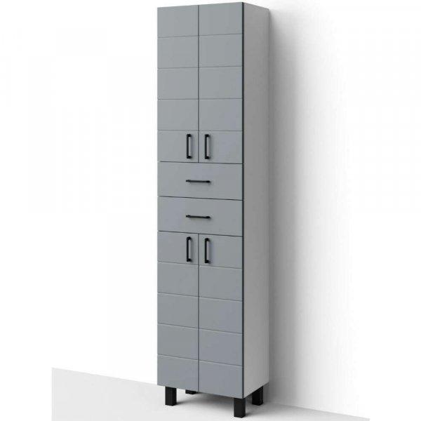 HD MART 60 cm széles polcos álló fürdőszobai magas szekrény, világos
szürke, fekete kiegészítőkkel, 4 soft close ajtóval és 2 fiókkal