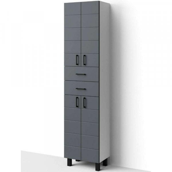 HD MART 60 cm széles polcos álló fürdőszobai magas szekrény, sötét
szürke, fekete kiegészítőkkel, 4 soft close ajtóval és 2 fiókkal